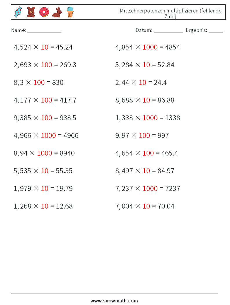 Mit Zehnerpotenzen multiplizieren (fehlende Zahl) Mathe-Arbeitsblätter 6 Frage, Antwort