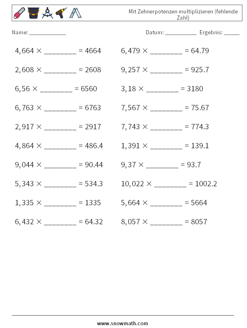 Mit Zehnerpotenzen multiplizieren (fehlende Zahl) Mathe-Arbeitsblätter 7