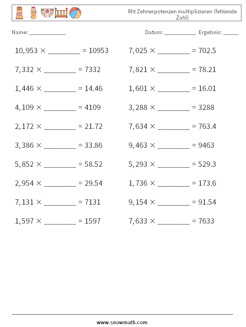 Mit Zehnerpotenzen multiplizieren (fehlende Zahl) Mathe-Arbeitsblätter 8