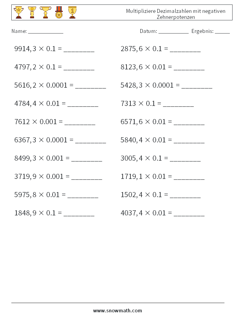 Multipliziere Dezimalzahlen mit negativen Zehnerpotenzen Mathe-Arbeitsblätter 10