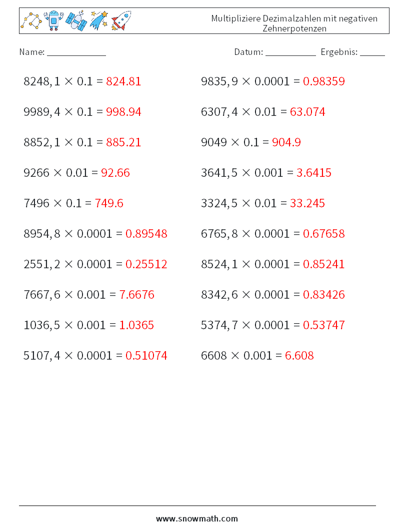 Multipliziere Dezimalzahlen mit negativen Zehnerpotenzen Mathe-Arbeitsblätter 12 Frage, Antwort