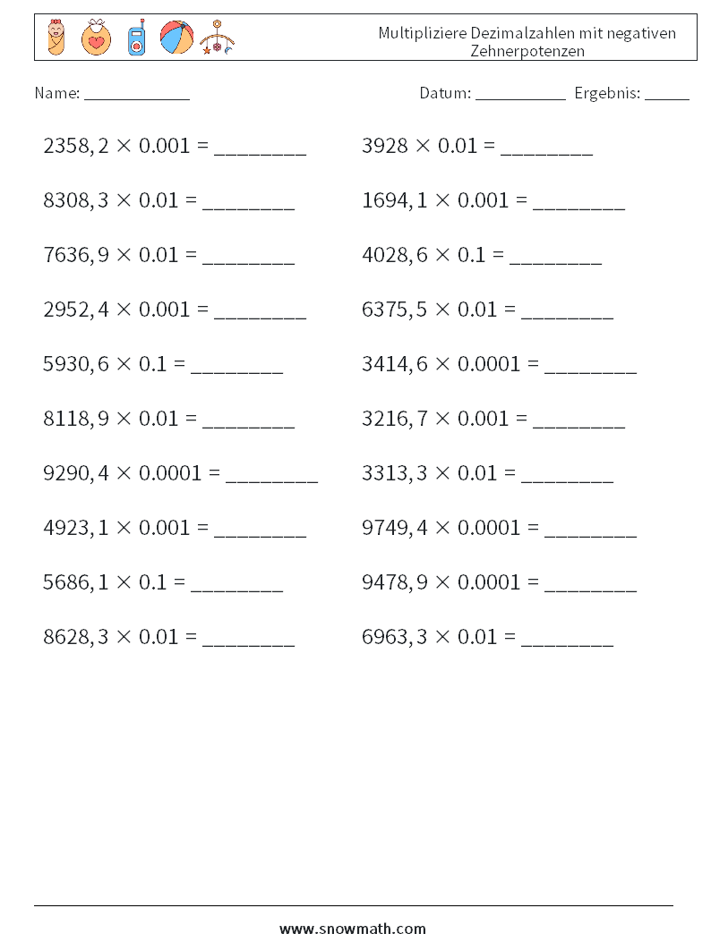 Multipliziere Dezimalzahlen mit negativen Zehnerpotenzen Mathe-Arbeitsblätter 13