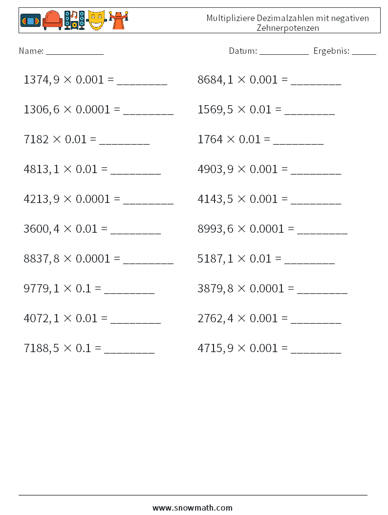 Multipliziere Dezimalzahlen mit negativen Zehnerpotenzen Mathe-Arbeitsblätter 14