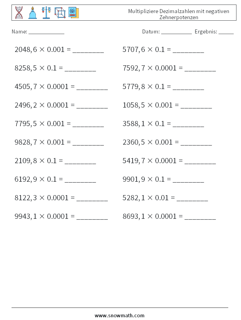 Multipliziere Dezimalzahlen mit negativen Zehnerpotenzen Mathe-Arbeitsblätter 15