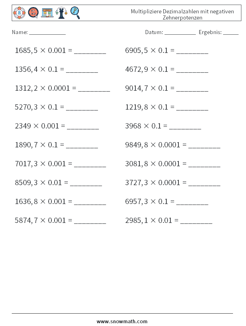 Multipliziere Dezimalzahlen mit negativen Zehnerpotenzen Mathe-Arbeitsblätter 16