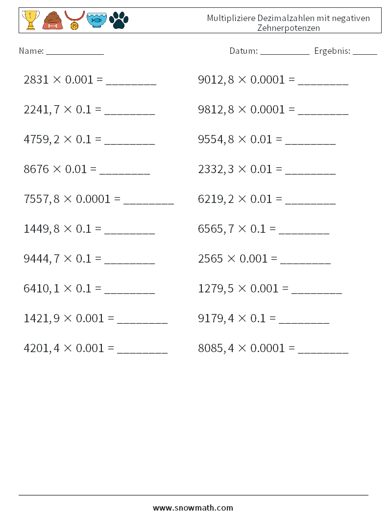 Multipliziere Dezimalzahlen mit negativen Zehnerpotenzen Mathe-Arbeitsblätter 17