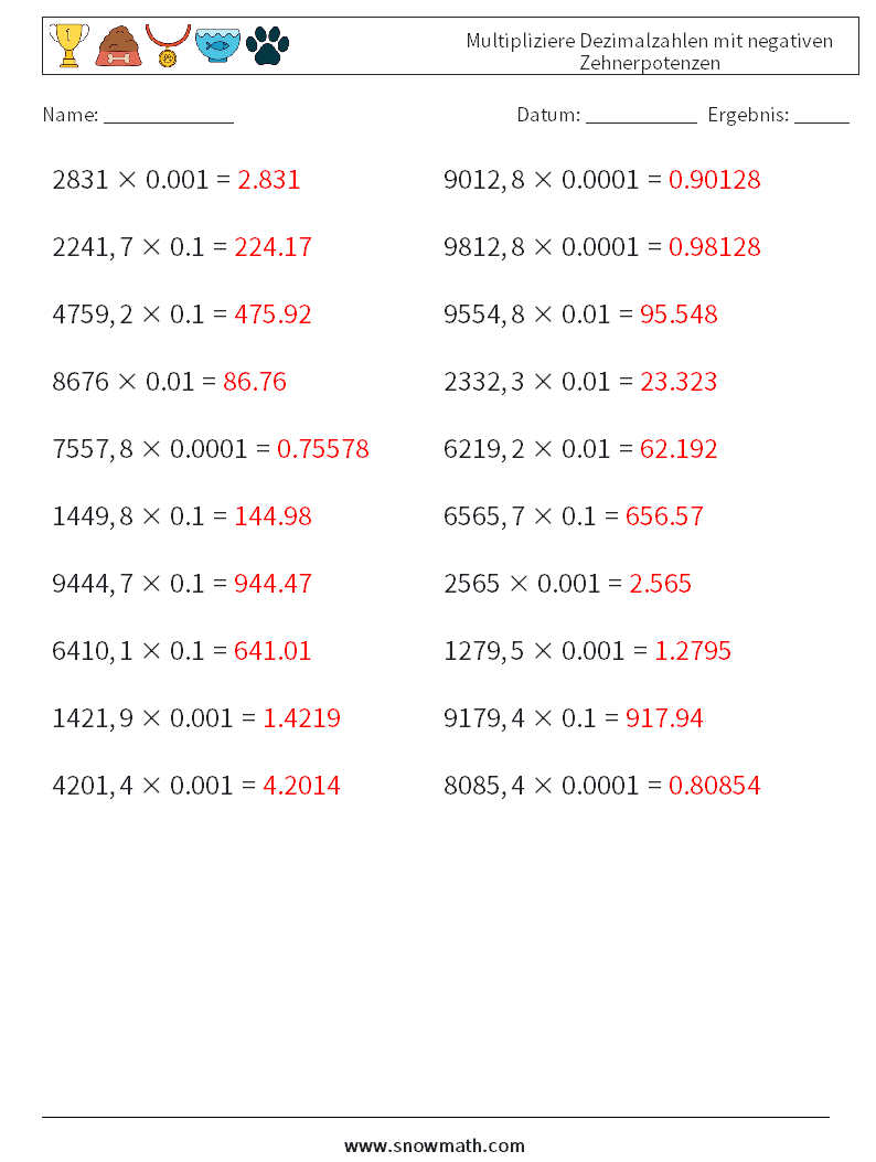 Multipliziere Dezimalzahlen mit negativen Zehnerpotenzen Mathe-Arbeitsblätter 17 Frage, Antwort