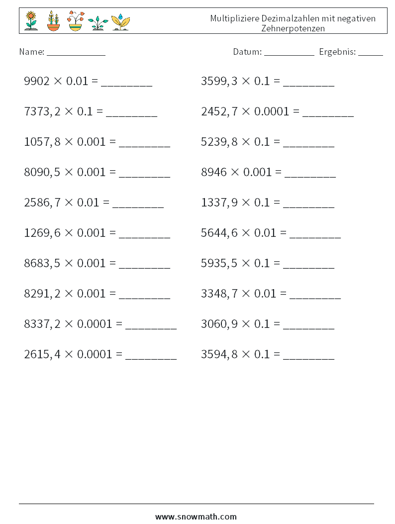 Multipliziere Dezimalzahlen mit negativen Zehnerpotenzen Mathe-Arbeitsblätter 18