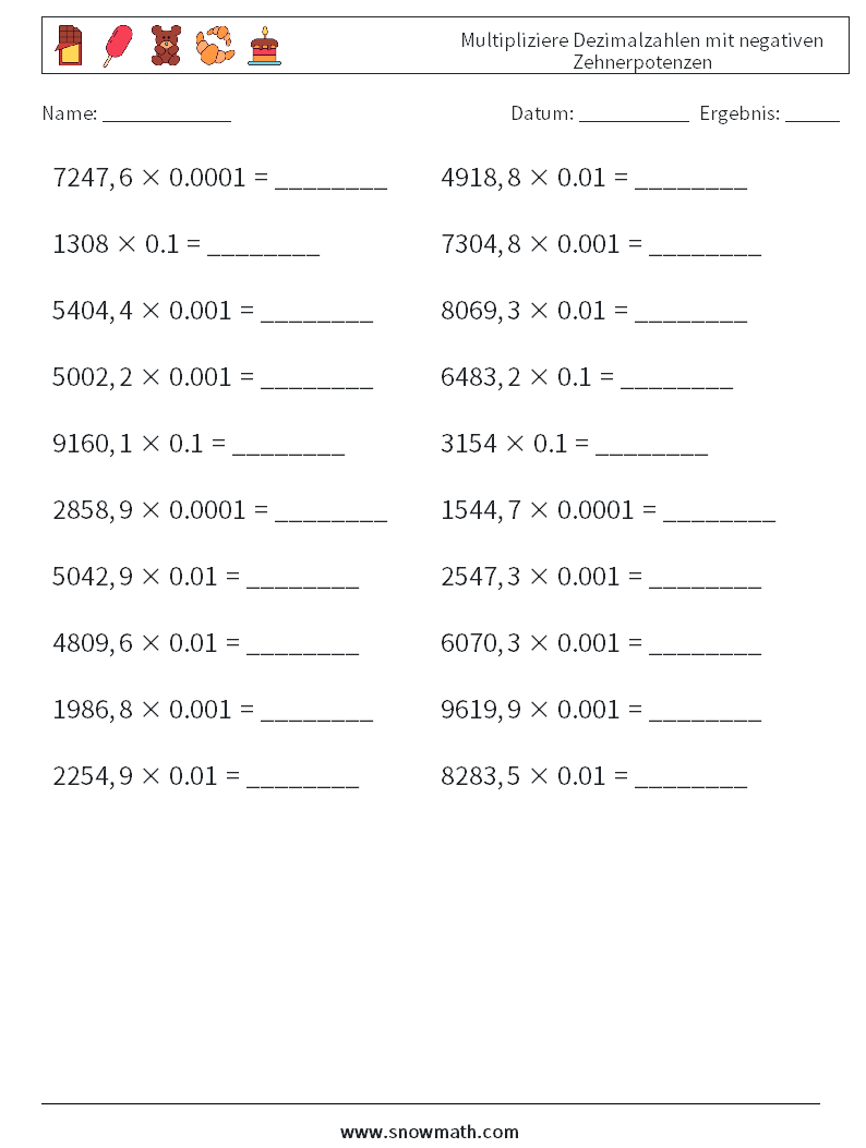 Multipliziere Dezimalzahlen mit negativen Zehnerpotenzen Mathe-Arbeitsblätter 3
