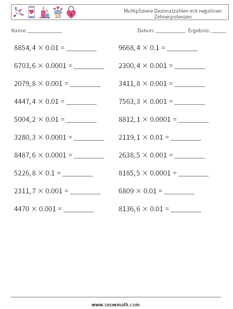 Multipliziere Dezimalzahlen mit negativen Zehnerpotenzen Mathe-Arbeitsblätter 4