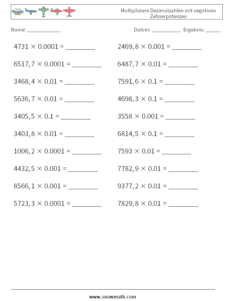 Multipliziere Dezimalzahlen mit negativen Zehnerpotenzen Mathe-Arbeitsblätter 5