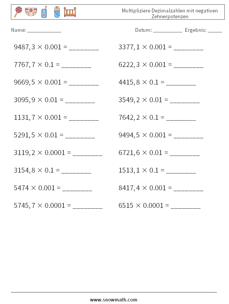 Multipliziere Dezimalzahlen mit negativen Zehnerpotenzen Mathe-Arbeitsblätter 6
