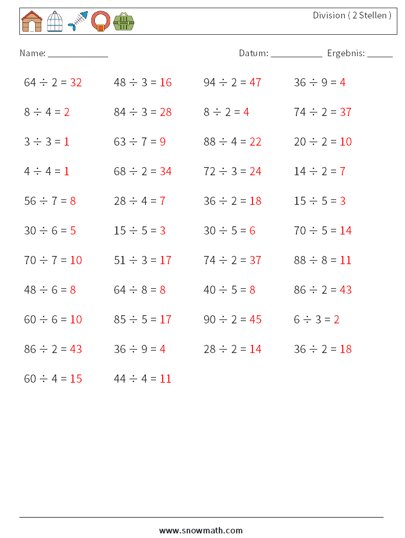 (50) Division ( 2 Stellen ) Mathe-Arbeitsblätter 1 Frage, Antwort