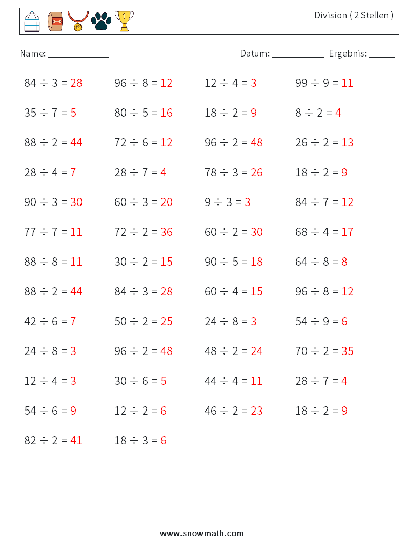 (50) Division ( 2 Stellen ) Mathe-Arbeitsblätter 2 Frage, Antwort