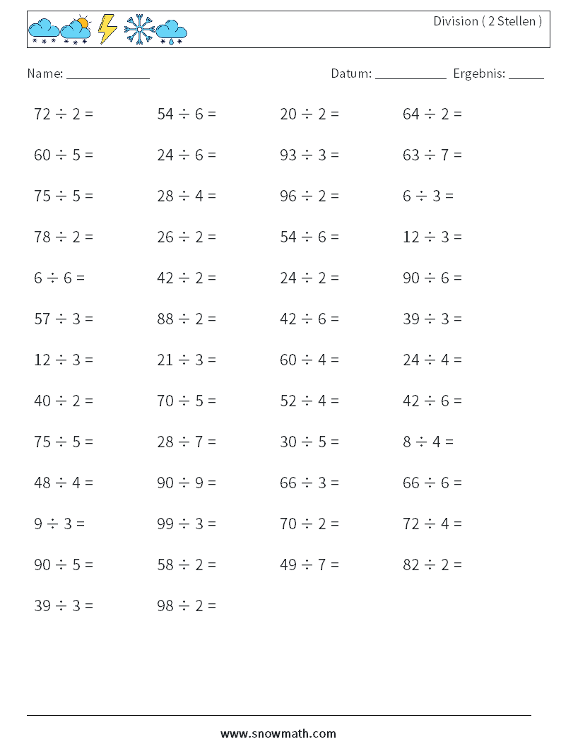 (50) Division ( 2 Stellen ) Mathe-Arbeitsblätter 3