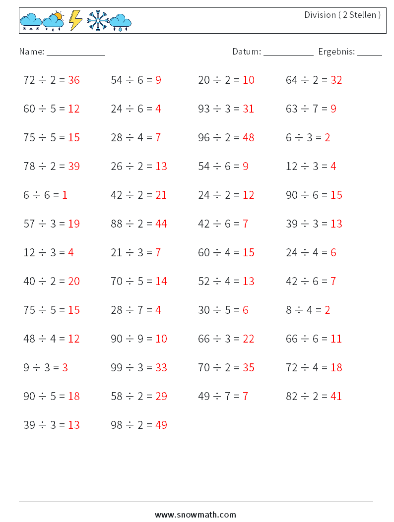 (50) Division ( 2 Stellen ) Mathe-Arbeitsblätter 3 Frage, Antwort