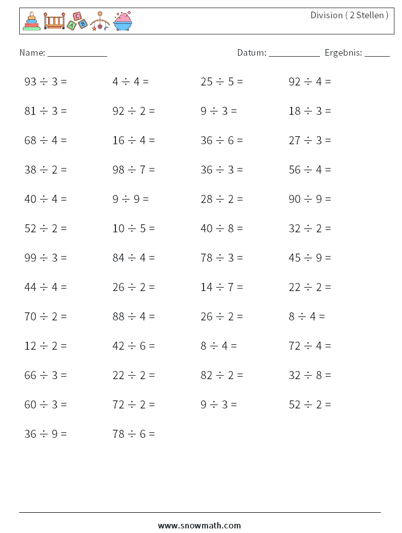 (50) Division ( 2 Stellen ) Mathe-Arbeitsblätter 4