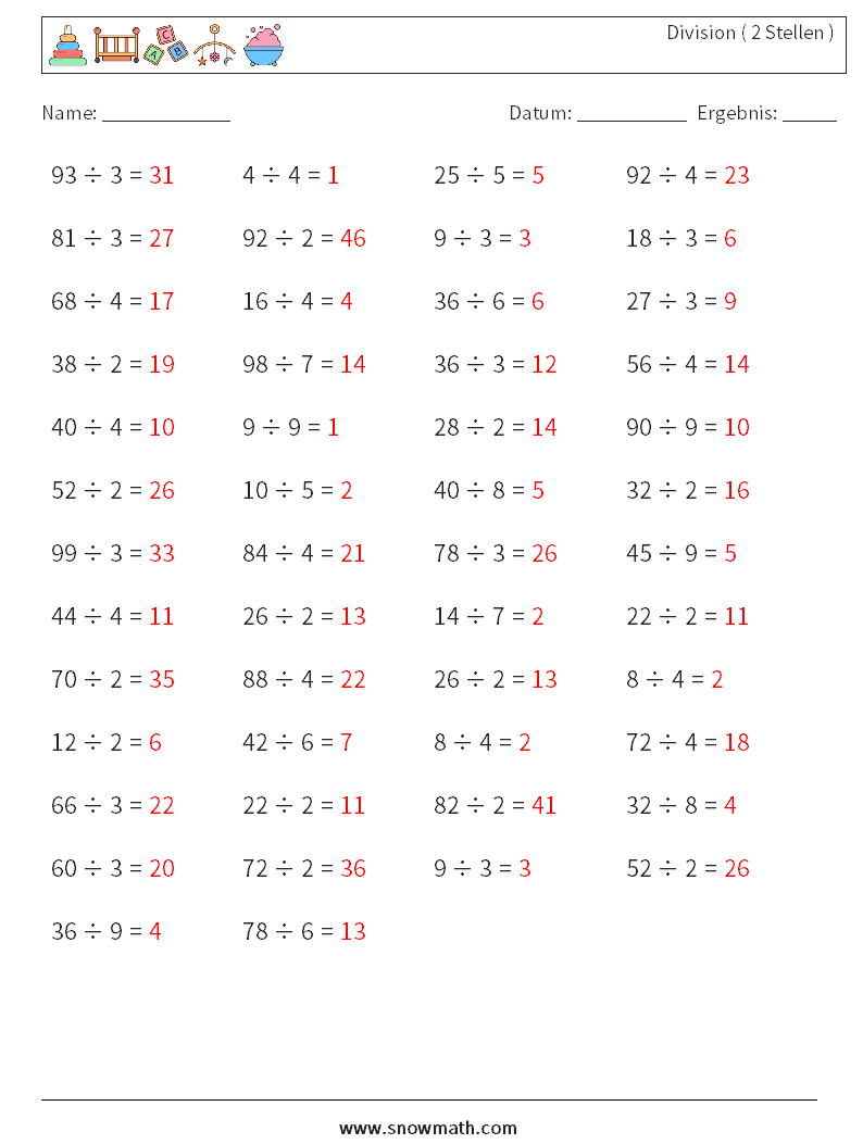 (50) Division ( 2 Stellen ) Mathe-Arbeitsblätter 4 Frage, Antwort