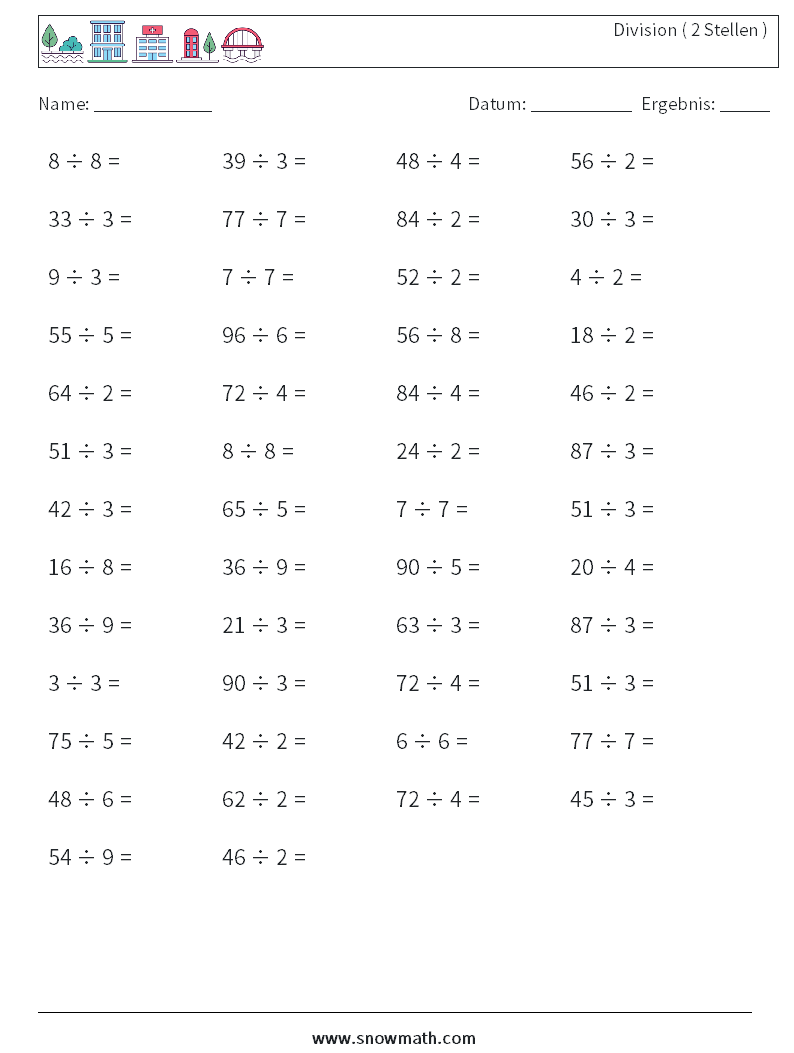 (50) Division ( 2 Stellen ) Mathe-Arbeitsblätter 5