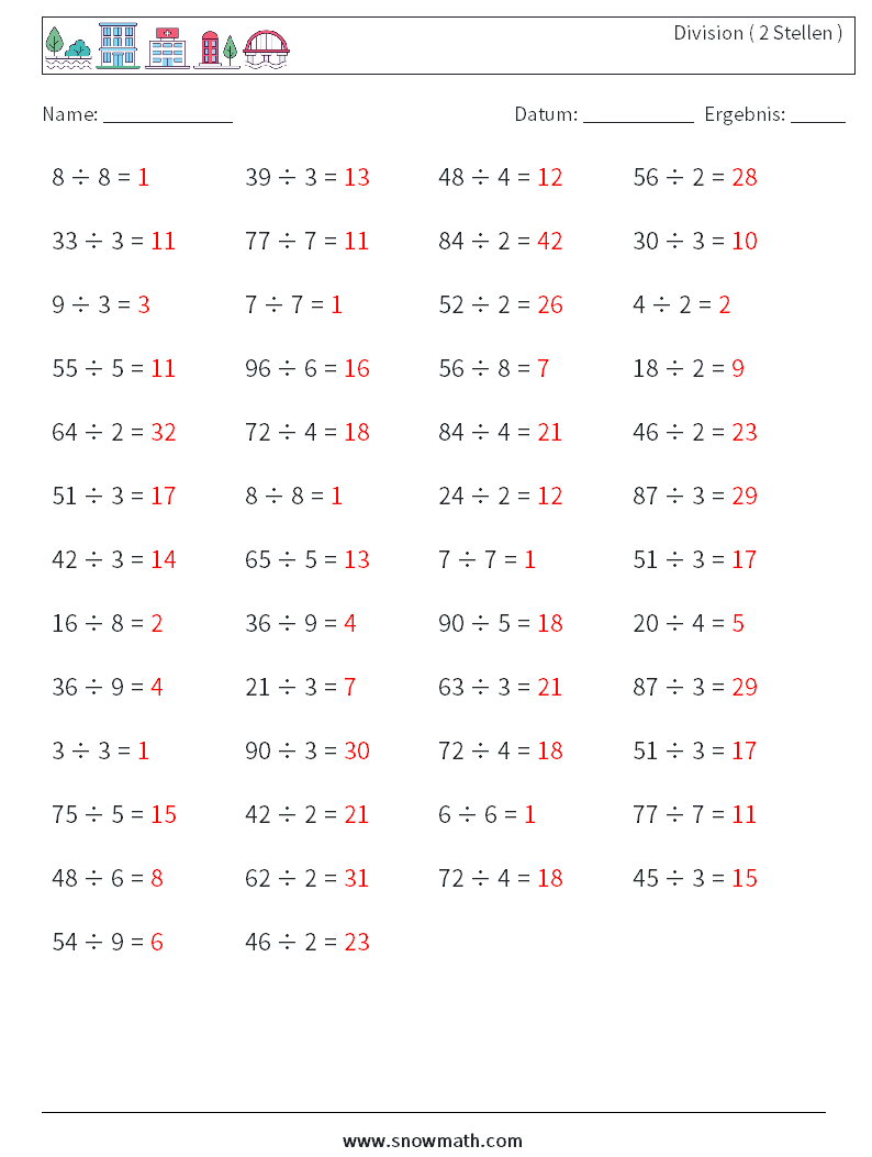 (50) Division ( 2 Stellen ) Mathe-Arbeitsblätter 5 Frage, Antwort