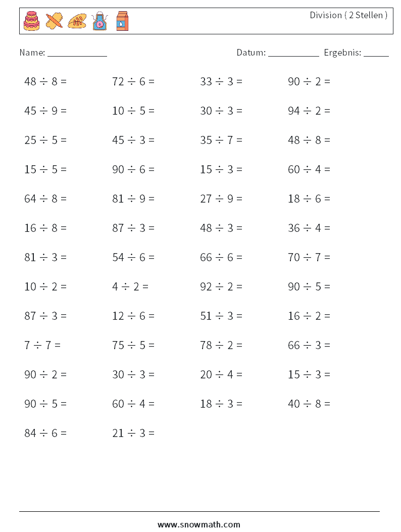 (50) Division ( 2 Stellen ) Mathe-Arbeitsblätter 6