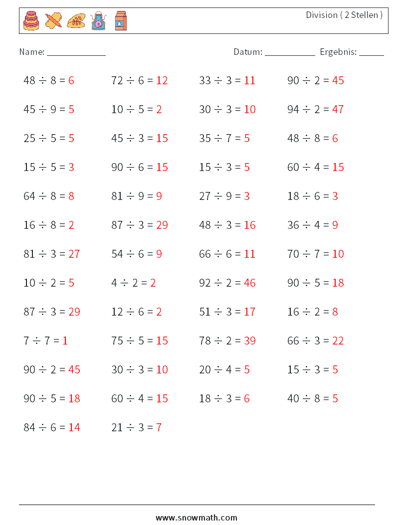 (50) Division ( 2 Stellen ) Mathe-Arbeitsblätter 6 Frage, Antwort
