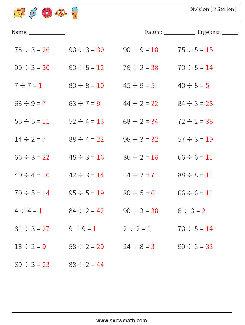 (50) Division ( 2 Stellen ) Mathe-Arbeitsblätter 7 Frage, Antwort