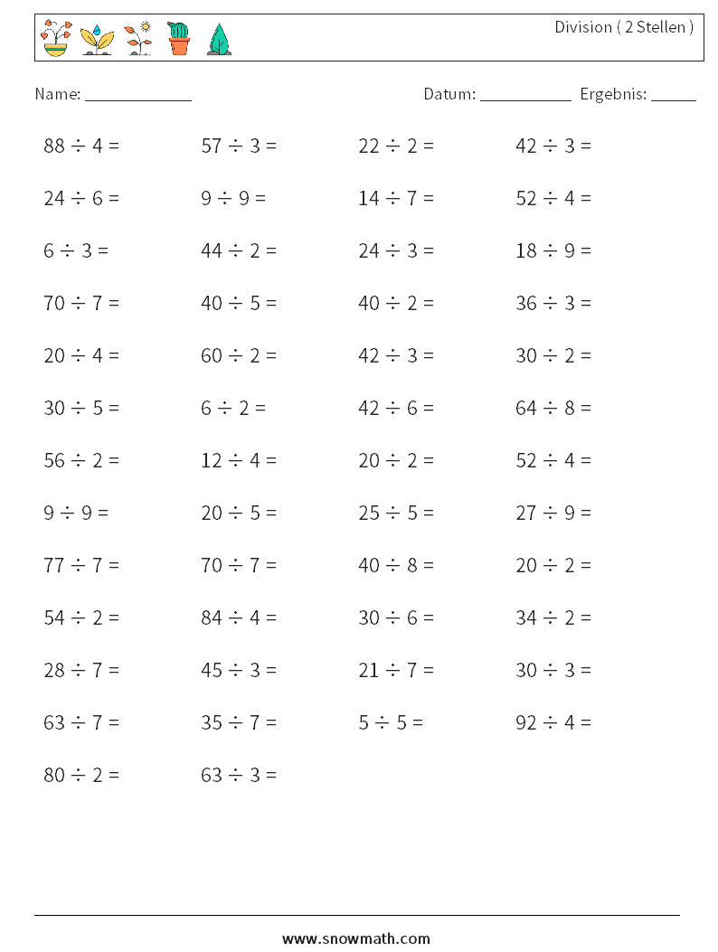 (50) Division ( 2 Stellen ) Mathe-Arbeitsblätter 8