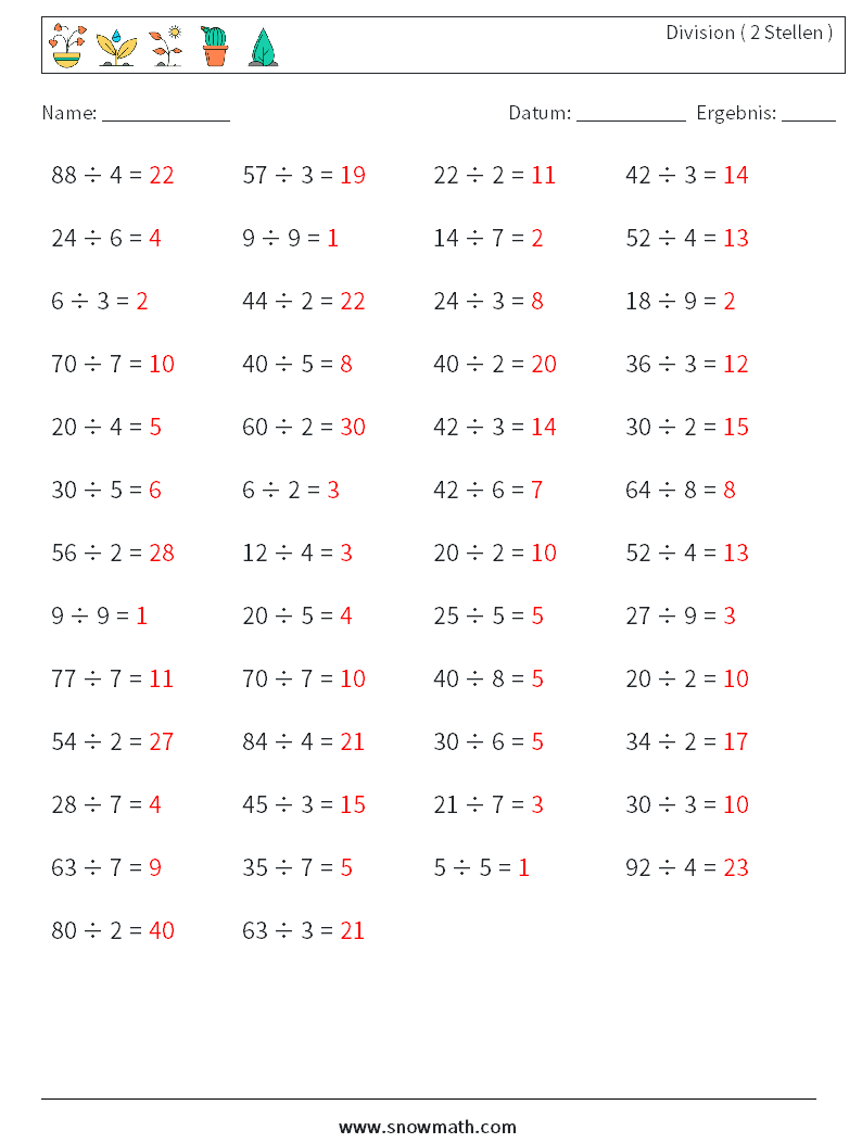 (50) Division ( 2 Stellen ) Mathe-Arbeitsblätter 8 Frage, Antwort