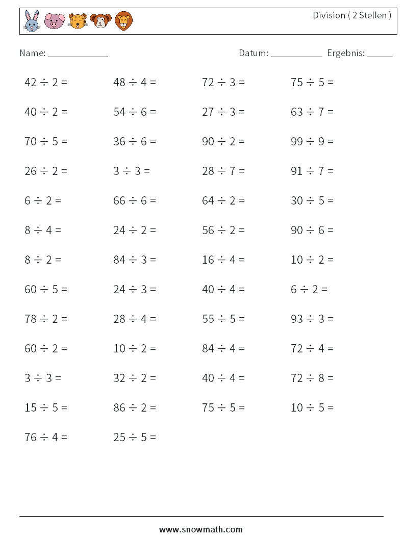(50) Division ( 2 Stellen ) Mathe-Arbeitsblätter 9
