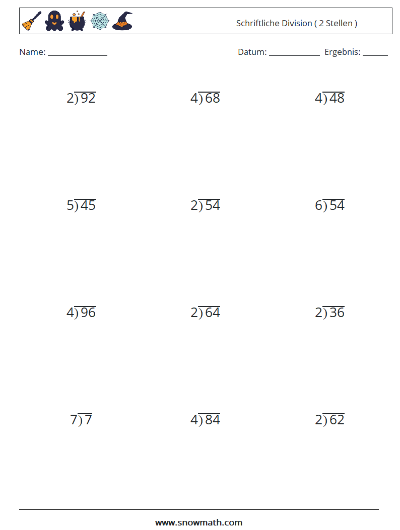 (12) Schriftliche Division ( 2 Stellen ) Mathe-Arbeitsblätter 11