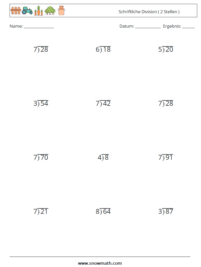 (12) Schriftliche Division ( 2 Stellen ) Mathe-Arbeitsblätter 16