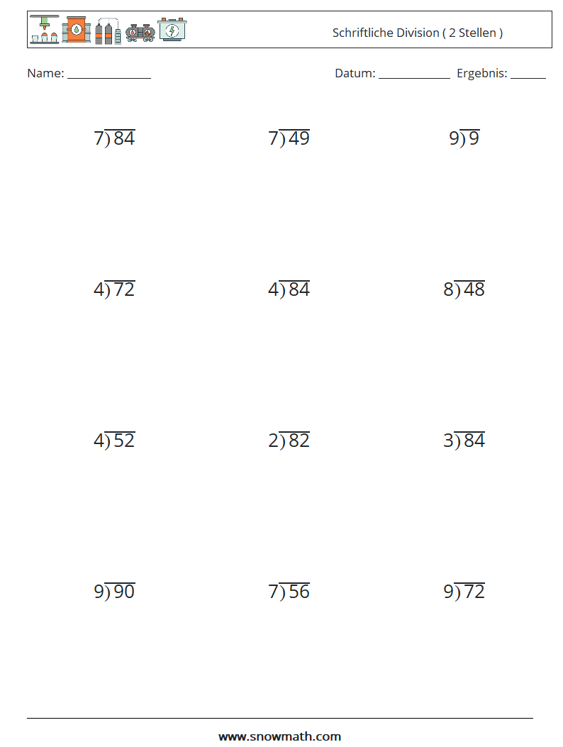 (12) Schriftliche Division ( 2 Stellen ) Mathe-Arbeitsblätter 18