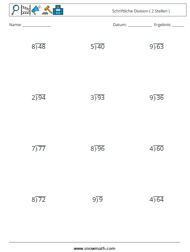 (12) Schriftliche Division ( 2 Stellen ) Mathe-Arbeitsblätter 2