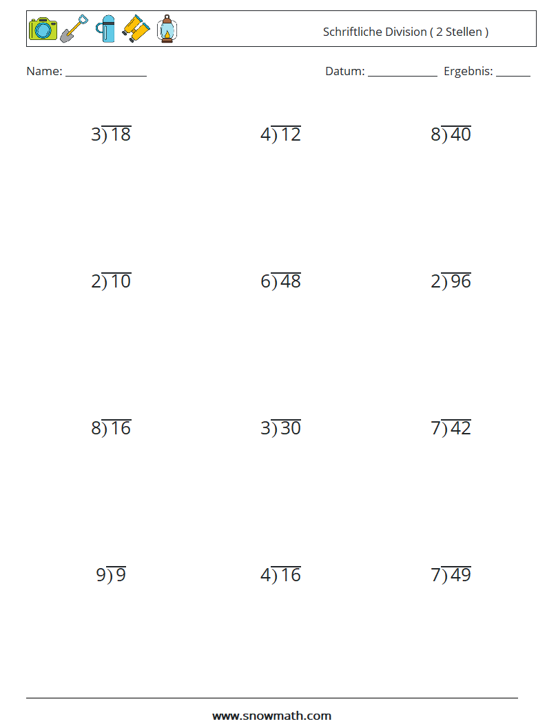 (12) Schriftliche Division ( 2 Stellen ) Mathe-Arbeitsblätter 6