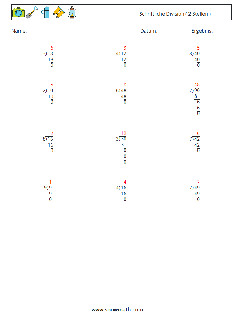 (12) Schriftliche Division ( 2 Stellen ) Mathe-Arbeitsblätter 6 Frage, Antwort