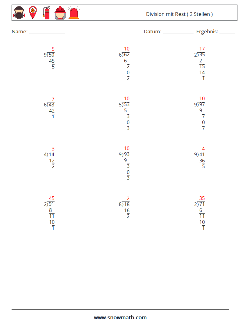 (12) Division mit Rest ( 2 Stellen ) Mathe-Arbeitsblätter 11 Frage, Antwort