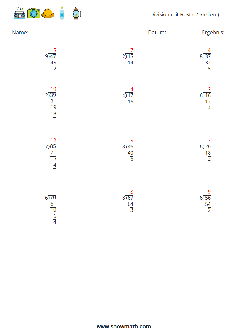 (12) Division mit Rest ( 2 Stellen ) Mathe-Arbeitsblätter 14 Frage, Antwort