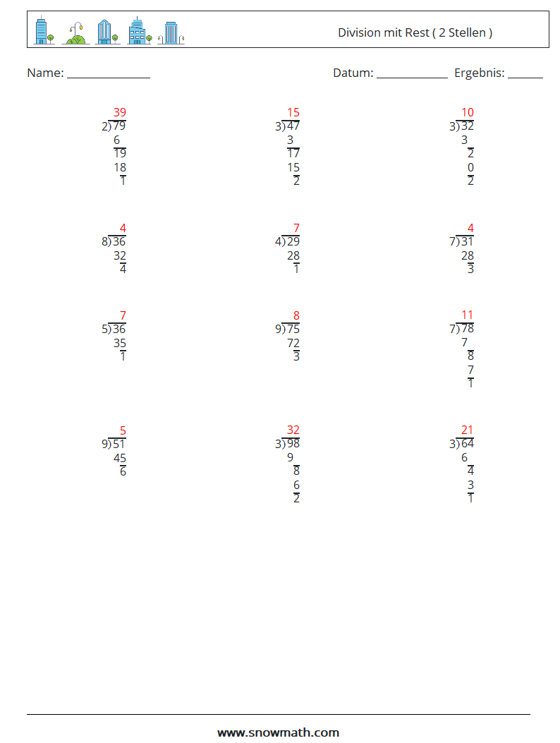 (12) Division mit Rest ( 2 Stellen ) Mathe-Arbeitsblätter 15 Frage, Antwort