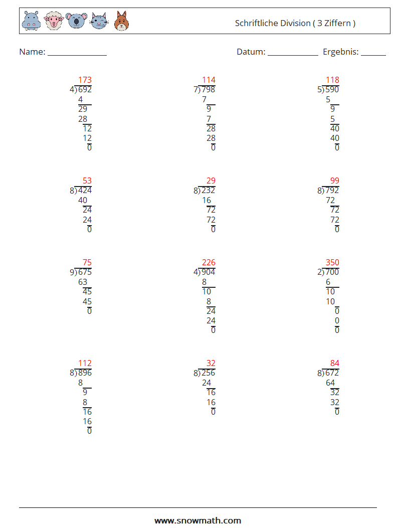 (12) Schriftliche Division ( 3 Ziffern ) Mathe-Arbeitsblätter 11 Frage, Antwort