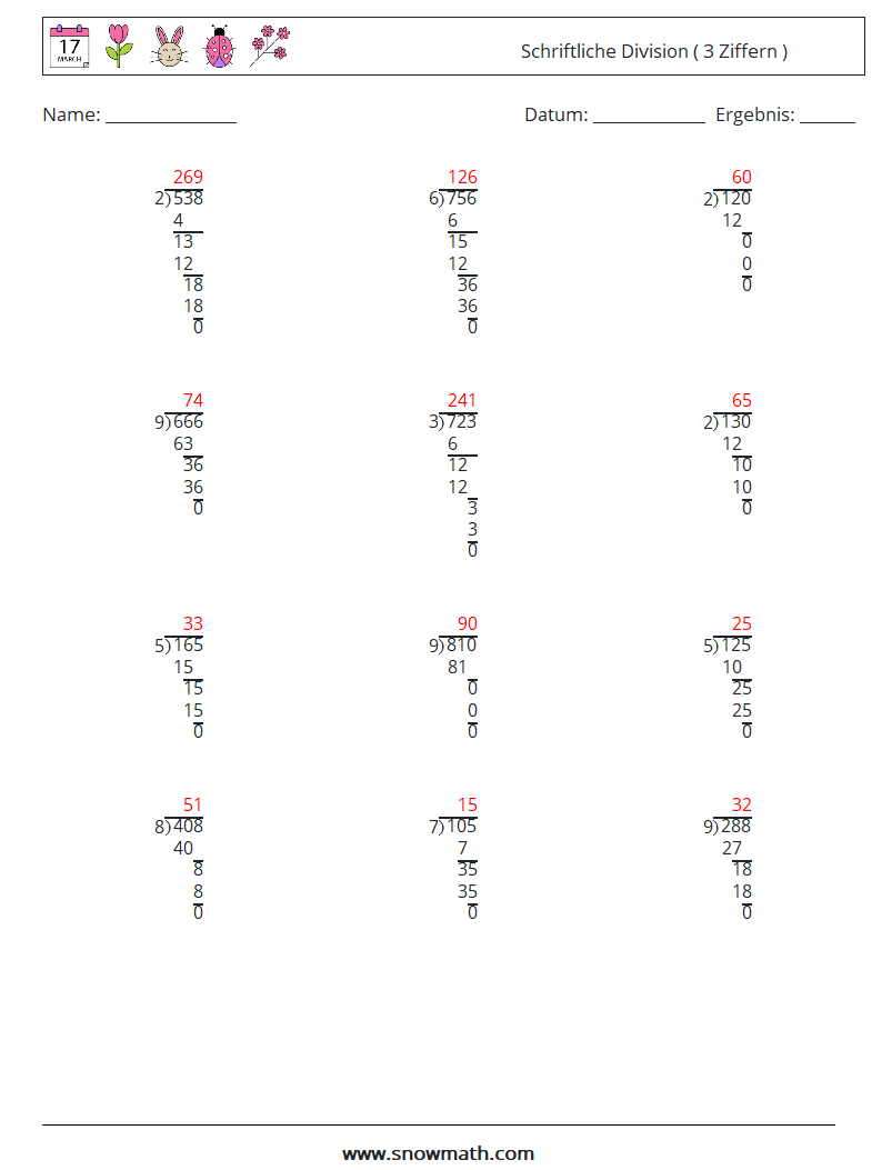 (12) Schriftliche Division ( 3 Ziffern ) Mathe-Arbeitsblätter 12 Frage, Antwort