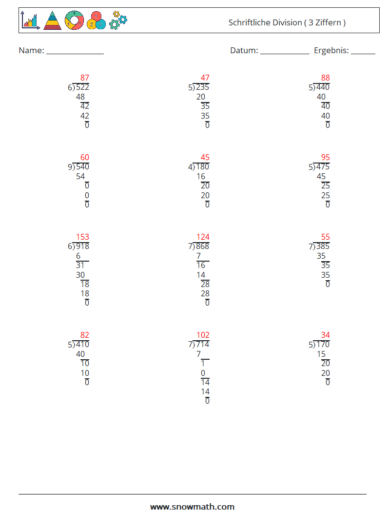 (12) Schriftliche Division ( 3 Ziffern ) Mathe-Arbeitsblätter 16 Frage, Antwort