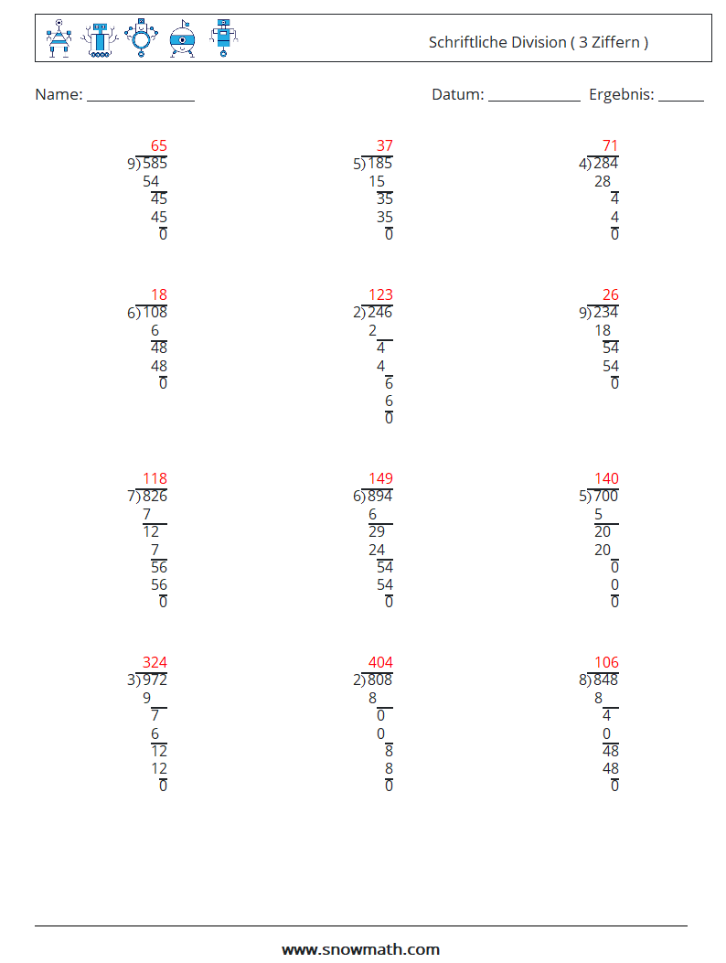 (12) Schriftliche Division ( 3 Ziffern ) Mathe-Arbeitsblätter 17 Frage, Antwort