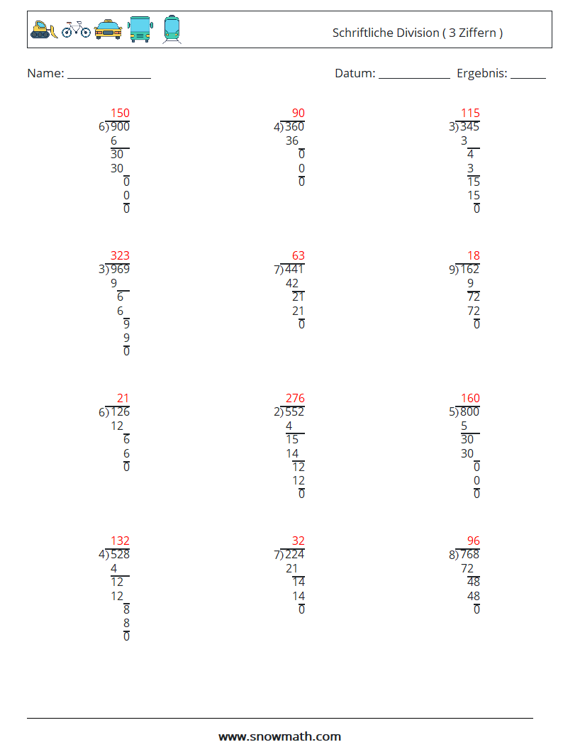 (12) Schriftliche Division ( 3 Ziffern ) Mathe-Arbeitsblätter 18 Frage, Antwort