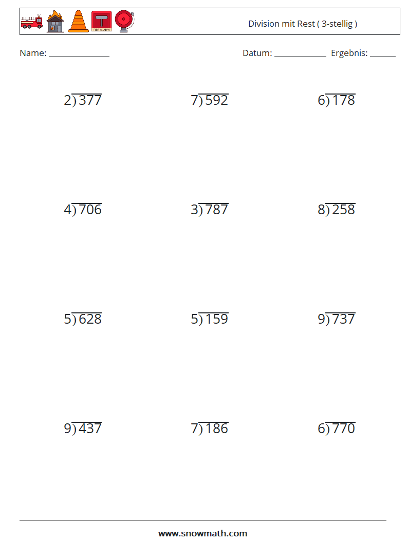 (12) Division mit Rest ( 3-stellig ) Mathe-Arbeitsblätter 10