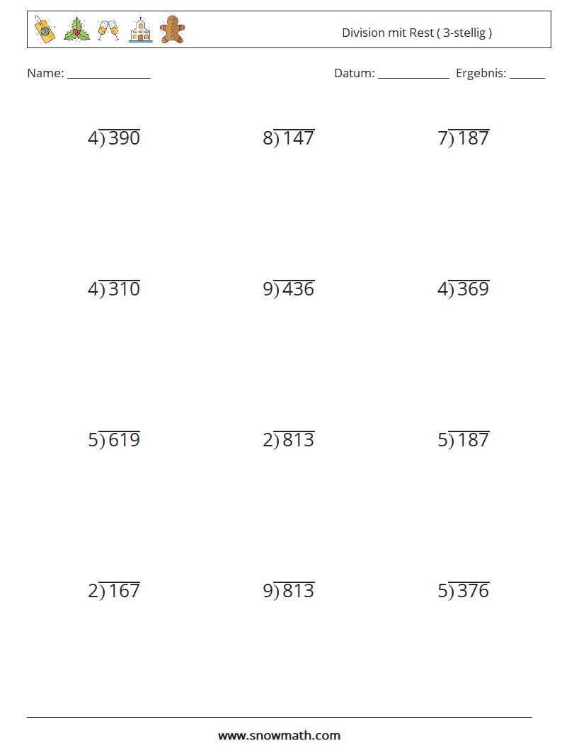 (12) Division mit Rest ( 3-stellig ) Mathe-Arbeitsblätter 11