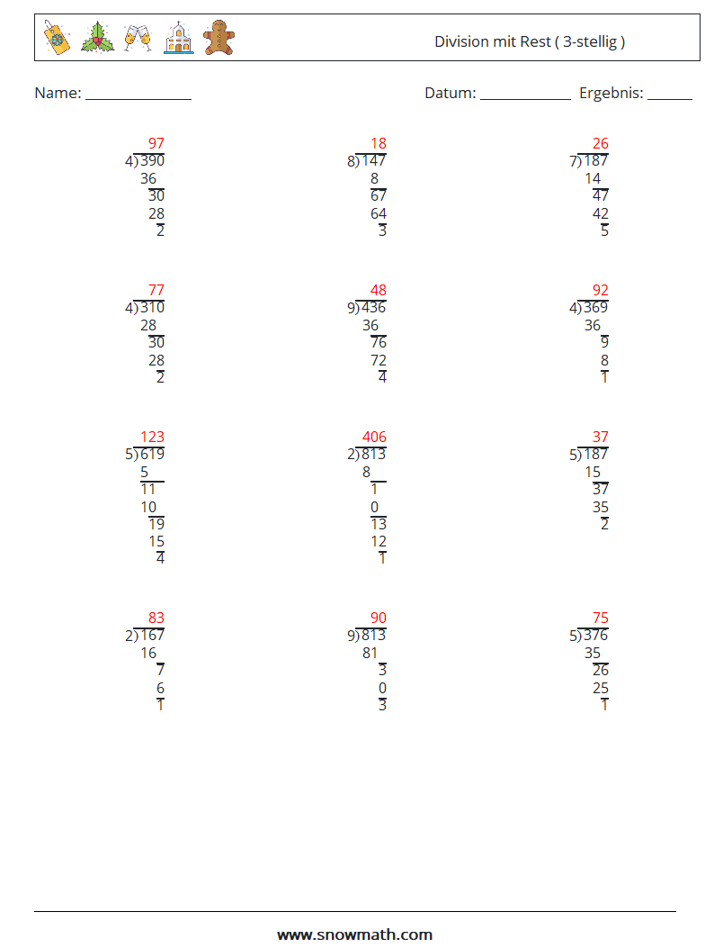(12) Division mit Rest ( 3-stellig ) Mathe-Arbeitsblätter 11 Frage, Antwort