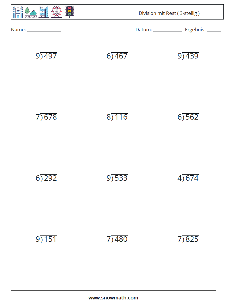 (12) Division mit Rest ( 3-stellig ) Mathe-Arbeitsblätter 12