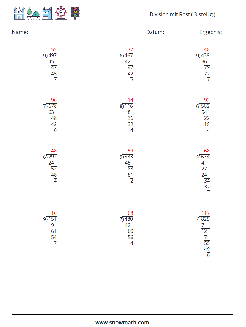 (12) Division mit Rest ( 3-stellig ) Mathe-Arbeitsblätter 12 Frage, Antwort