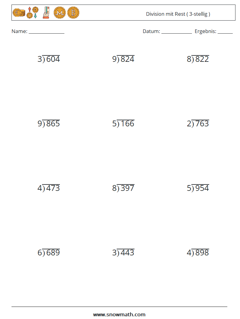 (12) Division mit Rest ( 3-stellig ) Mathe-Arbeitsblätter 14